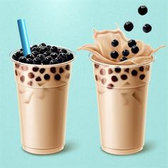 two cups filled with chocolate milkshakes and blueberries, one has a straw in it