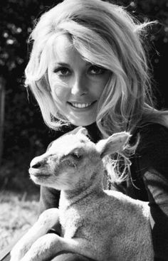 black and white photograph of woman with sheep