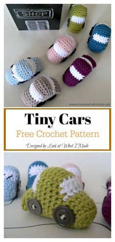 several crocheted cars sitting on top of a table next to each other with text overlay that says tiny cars free crochet pattern