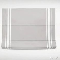 a white roman blind with stripes on the top and bottom, in front of a gray background