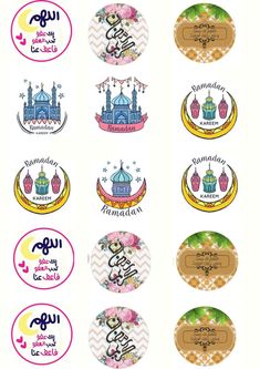 several stickers with different designs and words in arabic, english and arabic letters on them