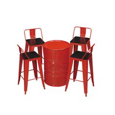 four stools and a table made out of red metal barrels with black seat cushions