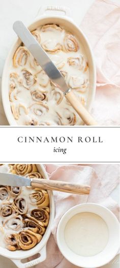 cinnamon roll icing in a white dish with a knife