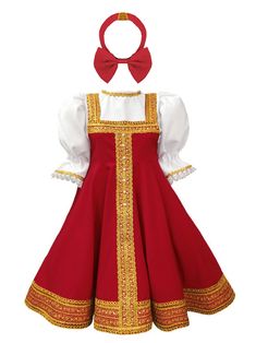 PRICES MAY VARY. 2pcs kids girls Russian traditional costume round neck puff sleeve gold embroidery knee length dress with beautiful headpiece Made of high quality polyester fabric, comfortable, breathable and skin-friendly, no any irritation for girlâ€s skin, soft to touch and wear Size Table means age ranges for girls, but they are for general guidance only. Easy to wash and care for, low iron and do not bleach The Russian fancy dress has round neck, puff sleeve with elastic band, gold embroid Christmas Dance Costumes, Russian Traditional Clothing, Russian Dance, Russian Dress, Russian Clothing, Kids Costumes Girls, Folk Clothing, Fancy Dress Up, Nutcracker Ballet