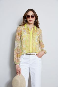 Express yourself in our Mosaic Tile Print Shirt. Designed in Silk Crinkle Chiffon, its sophisticated and playful mix of color and design can be dressed up or down with jeans. Bold and chic, this shirt has the wow factor. It comes with a separate layering cami. Elie Tahari Exclusive Mosaic Tile Print Silk Crinkle Chiffon Button Down Shirt 100% Silk Crinkle Chiffon Runs true to size. Model is 5'9" and wearing size S Length From Shoulder to Hem: Back 26.75"L, Sleeve 33.12"L (approx. length for size Layering Cami, Tile Print, Elie Tahari, Wide Leg Denim, Mosaic Tile, Wow Products, Print Shirt, Mosaic Tiles, Silk Printing