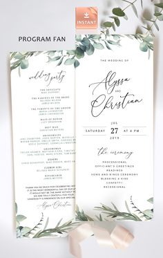 an elegant wedding program with greenery on it