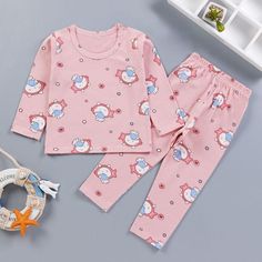 2-piece Pajamas Sets for Girl - PrettyKid Cute Cotton Sets For Home, Kawaii Cotton Sets For Sleepover, Pink Cotton Kawaii Sets, Kawaii Cotton Sleepover Sets, Long Sleeve Cartoon Print Sleepwear For Home, Kawaii Cotton Pajama Party Sets, Long Sleeve Cartoon Print Sleepwear, Kawaii Cotton Bedtime Sets, Cute Long Sleeve Home Sets