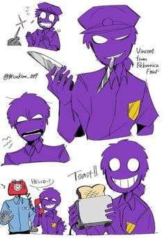 an image of some cartoon characters with purple hair and eyes, one holding a knife