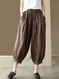 Plus Size Women Summer Solid Pocket Pleat Drawstring Harem Pants Brown Drawstring Bottoms For Loungewear, Brown Wide Leg Pants With Drawstring, Loosely Fitted Ankle-length Harem Pants With Drawstring, Baggy Tapered Leg Pants With Drawstring, Relaxed Fit Brown Drawstring Pants, Brown Relaxed Fit Pants With Drawstring, Relaxed Fit Brown Pants With Drawstring, Brown Relax Fit Pants With Drawstring, Brown Relaxed Fit Bottoms With Drawstring