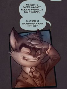 a comic strip with an image of a cat in a suit and tie talking to someone