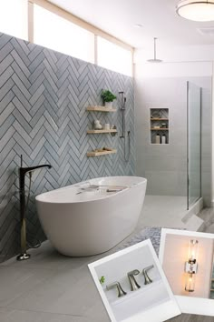 a white bath tub sitting inside of a bathroom next to a walk in shower