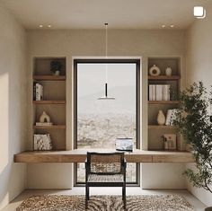 a room with a desk, shelves and a chair in front of a large window