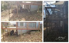 three pictures of the outside of a house with leaves on the ground and in front of it