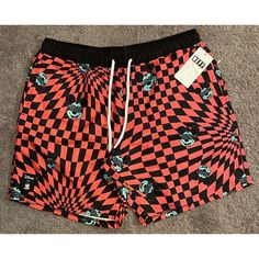 Men's Neff Disney Mickey Mouse Checkered Drawstring Swim Board Shorts New With Tags! Men's Size Large Measurements Are Shown In Photos. Ships Fast With Same Day As Payment Shipping Any Questions Please Ask Thank You Please Check Out Our Store For More Great Items! Thank You Casual Character Print Bottoms For Summer, Red Graphic Print Shorts For Summer, Casual Summer Shorts With Character Print, Red Graphic Print Summer Shorts, Fun Red Summer Bottoms, Casual Red Shorts With Graphic Print, All Over Print Bottoms For Summer Streetwear, Summer Streetwear Bottoms With All Over Print, Ducky Duck