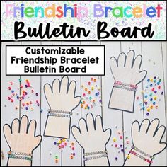 a bulletin board with handprints and beads on it, including the words bulletin board