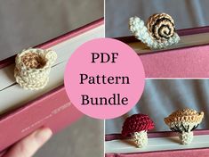 crocheted snails sitting on top of a pink book with the words pdf pattern bundle