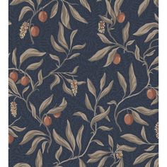 a blue and brown wallpaper with leaves and berries on the vine, as well as an orange flower