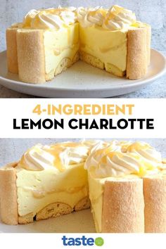 the four ingredient lemon charlotte cake is cut in half