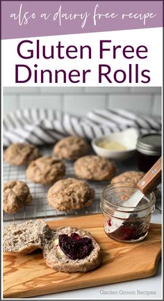 gluten free dinner rolls on a wooden cutting board with jam in a jar