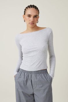 Staple Rib Boat Neck Long Sleeve Top Boat Neck Shirts For Women, Bateau Neckline Top, Versatile Seamless Gray Tops, Versatile Gray Seamless Tops, Versatile Gray Seamless Top, Gray Seamless Long Sleeve Top, Boat Neck Long Sleeve, Rib Boat, Long Sleeve And Shorts