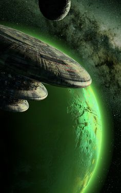 an artist's rendering of two spaceships flying over a green planet in space