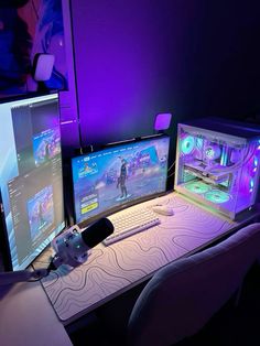 two computer monitors sitting next to each other on top of a desk in front of a purple wall