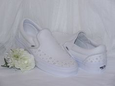 Romantic and elegant, our hand embellished white pearl wedding Vans are perfect for brides on the big day. This design can be personalised for that extra special touch - Please message for details. Orders are taken in UK sizes. An International sizing conversion chart is included in the listing for reference. Please make sure you order your size correctly due to the bespoke nature of the shoes. If you are in any way unsure of sizing please message me and I will be more than happy and available to answer any questions you have prior to purchasing. Pearl Vans Wedding, White Pearl Embroidered Wedding Shoes, Platform White Vans, Wedding Vans Shoes, Bridal Vans, Vans Wedding, Wedding Vans, Wedding Platform, Small Backyard Wedding