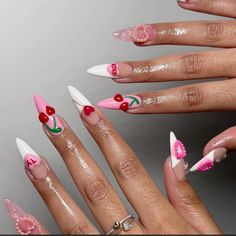 #vday #valentines #valentinenails #valentinesdaynails #pinknail Nails Photoshoot Ideas, Nails Photoshoot, Nails Cherry, Fruit Nails, Purple Glitter Nails, Coquette Nails, Aura Nails, Custom Nails