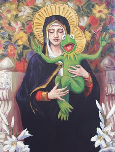 a painting of a woman with a frog on her arm and flowers in the background