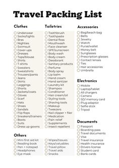 the travel packing list is shown in black and white, with text that reads travel packing list