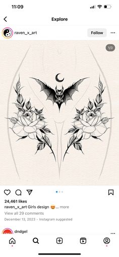 an image of a bat and roses tattoo on someone's twitter page, with the caption below it