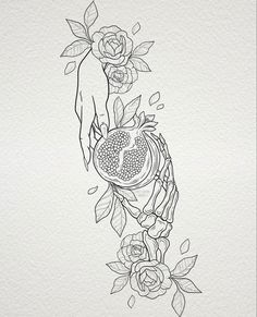 a black and white drawing of a person holding a pomegranate in their hand