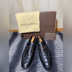 Louis Vuitton Black Leather Loafer Monogram Lv Pre-Owned In Great Shape Style Fd 0028 Comes With Box, Dustbags, Wooden Shoe Shapers, And Louis Vuitton Pamphlet (Box And Bags Are In Good But Used Condition) Uk 11 Us 12 Lux Luxury Aesthetic Oldmoney Designer Italy Authentic Leather Wedding Party Occasion Gala Dance Evening Event Date Professional Career Sophisticated Business Countryclub Oxford Preppy City Designer Monk Strap Shoes With Leather Sole, Designer Business Loafers With Branded Heel Counter, Designer Black Monk Strap Shoes For Business, Designer Black Business Loafers, Designer Slip-on Leather Business Shoes, Designer Black Monk Strap Shoes In Calf Leather, Wooden Shoe, Louis Vuitton Black, Leather Wedding