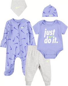 NIKE BABY 5 pc GIFT Set Bodysuits Rompers Bib Hat Unisex Grey Purple   Quoted from manufacturer's site:   The Nike 5-Piece Set includes a short sleeve bodysuit, footed coverall, pants, beanie and bib, all made of soft knit fabric, for multiple comfy styling options. This Kids fit is designed for all athletes, no matter what shape, size or style. A fit for every body-because kids should feel confident expressing themselves. Benefits Bodysuit has lapped shoulders and snap closures at crotch for ea Purple Quotes, Baby 5, Baby #5, Short Sleeve Bodysuit, Baby & Toddler Clothing, Baby Size, Comfy Fits, Baby Month By Month, Soft Knits