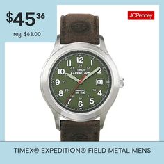 This watch is the perfect companion for the tough and rugged outdoorsman who enjoys accurate timing, no matter where his journey takes him.Model No.: T400519JSpecial Features: Date displayFeatures: Analog, Quick ShipPower Source: Battery (included)Watch Movement: QuartzWater Resistance: 50mBand Color: BrownDial Color: GreenCase Thickness: 9mmCase Width: 39mmBand Content: LeatherCase Materials: 100% BrassCountry of Origin: Imported Rugged Outdoorsman, Timex Expedition, Brown Leather Strap Watch, Leather Strap Watch, Brown Leather Strap, Watch Movement, Watch Strap, Leather Straps, Brown Leather