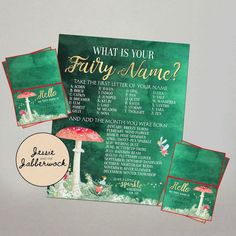 an image of a party game with mushrooms on the cover and instructions for what is your fairy name?