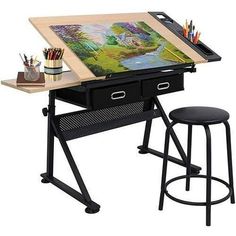 a drawing table with two stools next to it