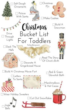 the christmas bucket list for toddlers is shown with toys and other things to do