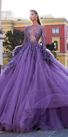 Luxury Purple Ball Gown Long Sleeve Feathers Lace Appliques Beaded Prom Dress Evening Dress sold by Wedding store. Shop more products from Wedding store on Storenvy, the home of independent small businesses all over the world. Lilac Wedding Colors, Purple Ball Gown, Purple Gown, Purple Wedding Dress, Robes D'occasion, Purple Gowns, Gaun Fashion, Fashion Gowns, Wedding Dress Pictures