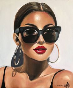 a painting of a woman wearing black sunglasses