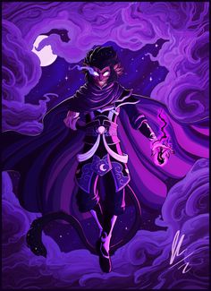 an image of a man with purple hair and cape on his head in the sky