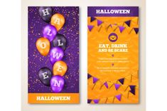 two halloween banners with balloons and bats