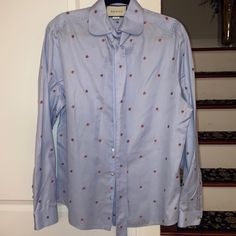 Gucci Size 48 Front Tie Button Up Long Sleeve Strawberry Print Gucci Spring Workwear Shirt, Spring Gucci Collared Shirt, Gucci Spring Collared Shirt, Gucci Collared Shirt For Spring, Gucci Designer Shirt For Spring, Spring Designer Gucci Shirt, Spring Blue Gucci Tops, Blue Gucci Tops For Spring, Gucci Tops For Work With Button Closure