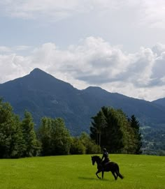 a person riding on the back of a horse across a lush green field with mountains in the background