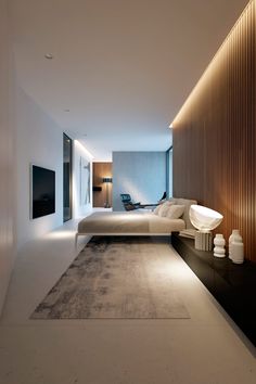 an image of a modern bedroom with white furniture and wood paneling on the walls