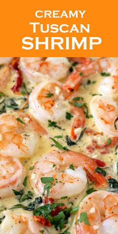 creamy tuscann shrimp with spinach and parsley in a white sauce on top