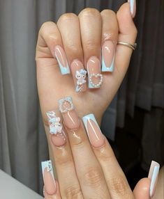 Medium Length Nails With Charms, Hello Kitty Nails Medium, Spring Nail Designs, Fancy Nails Designs, Blue Acrylic Nails, Simple Gel Nails, Colored Acrylic Nails, Brighter Days