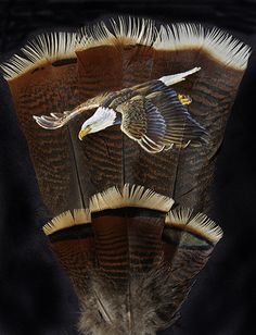 two bald eagles are flying through the air with their wings spread out and feathers down