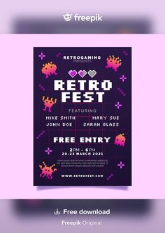 the retro fest flyer is displayed on a purple background