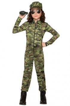 Army Girl Child Costume (Medium) Army Halloween Costumes, Hat Halloween Costume, Camouflage Jumpsuit, Army Costume, Camo Jumpsuit, Army Accessories, Kids Army, Army Look, Costume Green